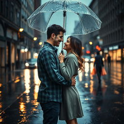 A romantic scene of a couple standing under an umbrella in the rain