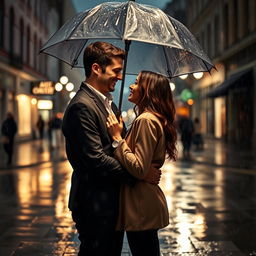 A romantic scene of a couple standing under an umbrella in the rain