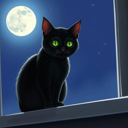 A black cat with green eyes sitting on a window sill with the moon shining brightly in the background