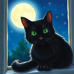 A black cat with green eyes sitting on a window sill with the moon shining brightly in the background