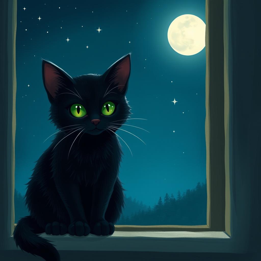 A black cat with green eyes sitting on a window sill with the moon shining brightly in the background