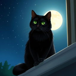 A black cat with green eyes sitting on a window sill with the moon shining brightly in the background