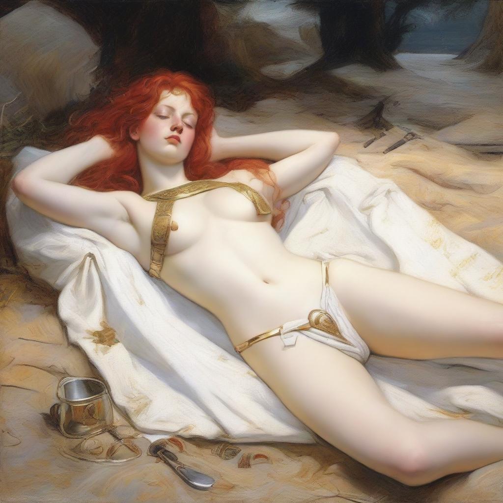 A full-body depiction of a buxom, red-haired, fair-skinned warrior woman in white bikini armor with gold trim