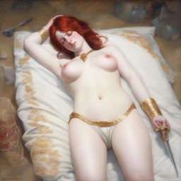 A full-body depiction of a buxom, red-haired, fair-skinned warrior woman in white bikini armor with gold trim