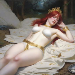 A full-body depiction of a buxom, red-haired, fair-skinned warrior woman in white bikini armor with gold trim