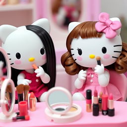 Two Hello Kitty dolls applying makeup, one with straight black hair and the other with wavy brown hair and bangs