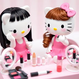 Two Hello Kitty dolls applying makeup, one with straight black hair and the other with wavy brown hair and bangs