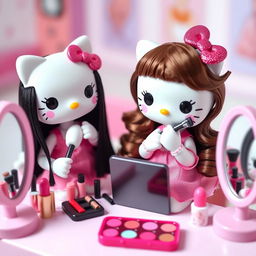 Two Hello Kitty dolls applying makeup, one with straight black hair and the other with wavy brown hair and bangs