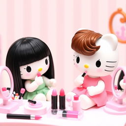 Two Hello Kitty dolls applying makeup, one with straight black hair and the other with wavy brown hair and bangs