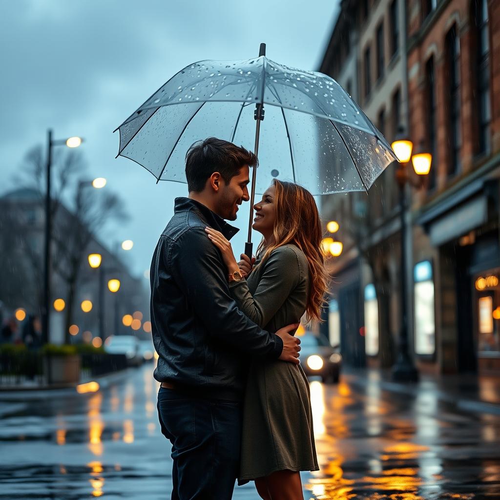 A romantic scene of a couple standing under an umbrella in the rain on a cloudy day