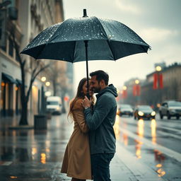 A romantic scene of a couple standing under an umbrella in the rain on a cloudy day