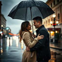 A romantic scene of a couple standing under an umbrella in the rain on a cloudy day