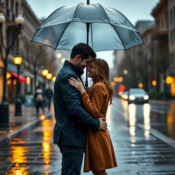 A romantic scene of a couple standing under an umbrella in the rain on a cloudy day