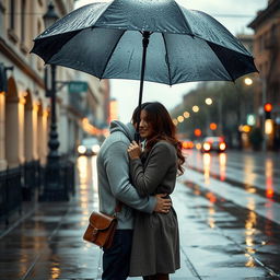 A romantic scene of a couple standing under an umbrella in the rain on a cloudy day