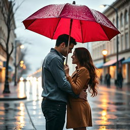 A romantic scene of a couple standing under an umbrella in the rain on a cloudy day