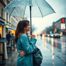 A romantic scene of a couple standing under an umbrella in the rain on a cloudy day