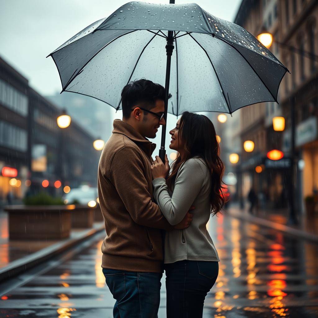 A romantic scene of a couple standing under an umbrella in the rain on a cloudy day