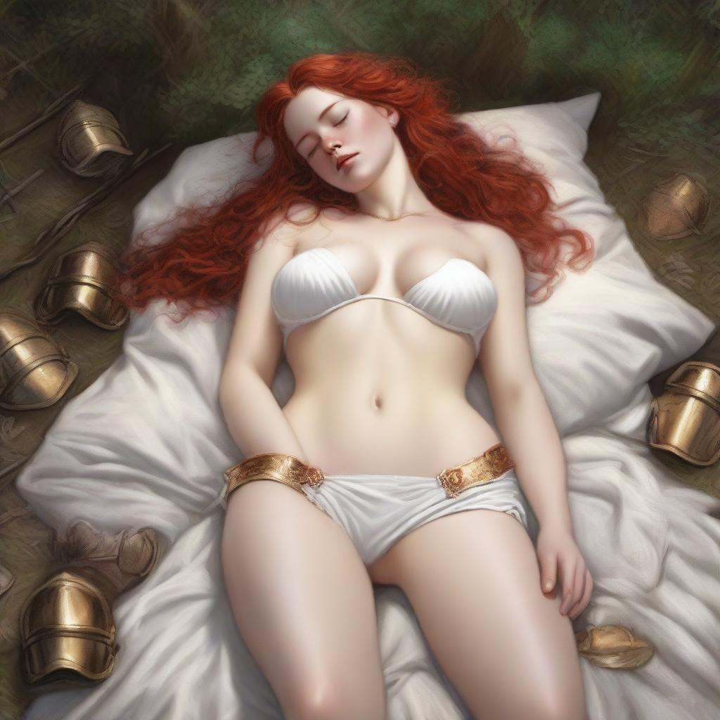 A realistic, full-body depiction of a beautiful, buxom, wavy red-haired, fair-skinned warrior woman in white bikini armor with gold trim