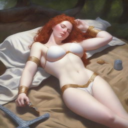 A realistic, full-body depiction of a beautiful, buxom, wavy red-haired, fair-skinned warrior woman in white bikini armor with gold trim