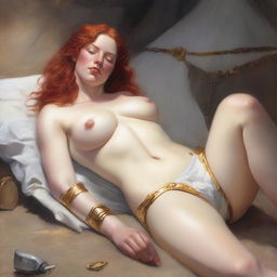 A realistic, full-body depiction of a beautiful, buxom, wavy red-haired, fair-skinned warrior woman in white bikini armor with gold trim