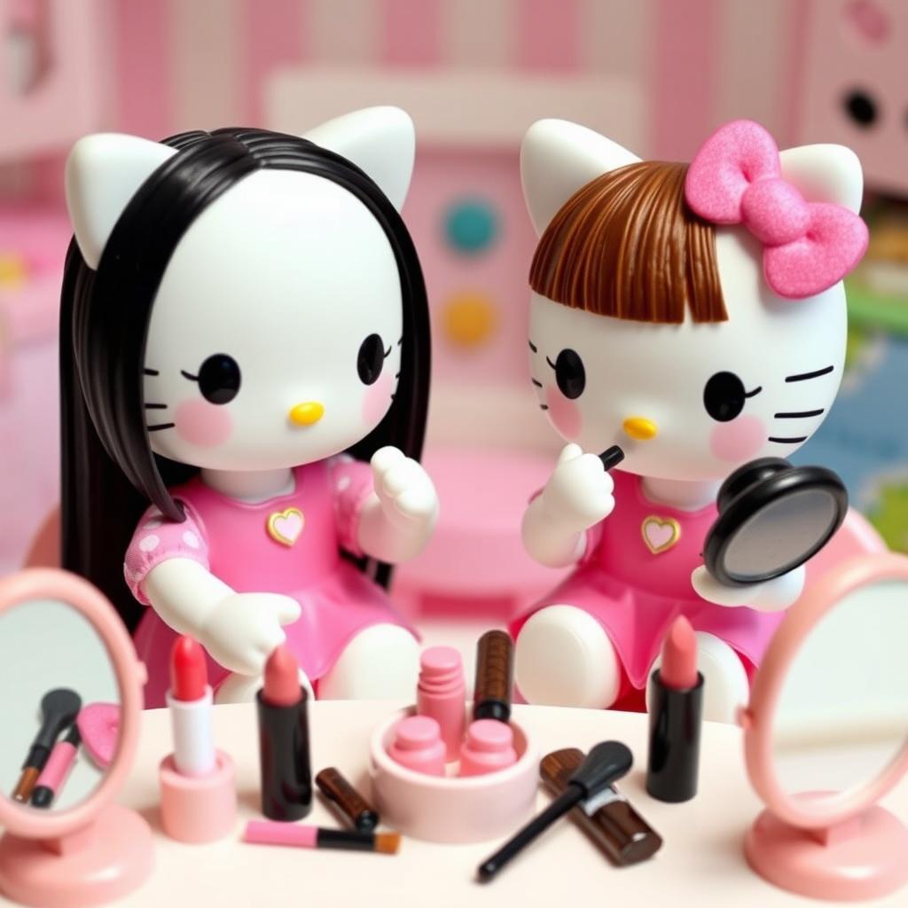 Two Hello Kitty dolls applying makeup, one with straight black hair and no bangs, and the other with brown hair and bangs