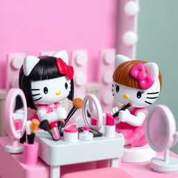 Two Hello Kitty dolls applying makeup, one with straight black hair and no bangs, and the other with brown hair and bangs