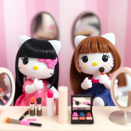 Two Hello Kitty dolls applying makeup, one with straight black hair and no bangs, and the other with brown hair and bangs