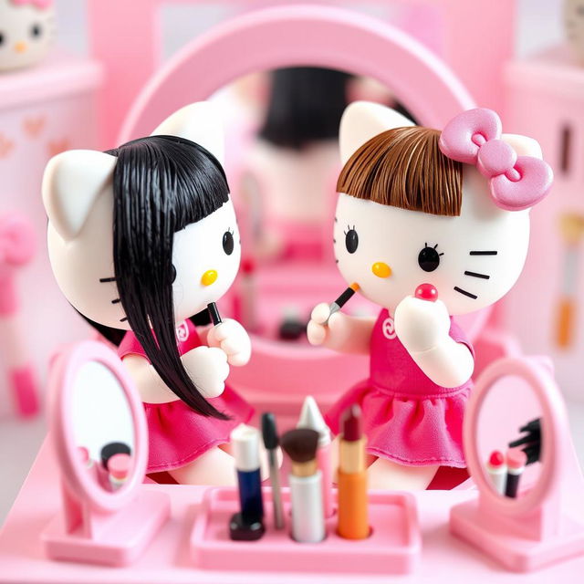 Two Hello Kitty dolls applying makeup, one with straight black hair and no bangs, and the other with brown hair and bangs