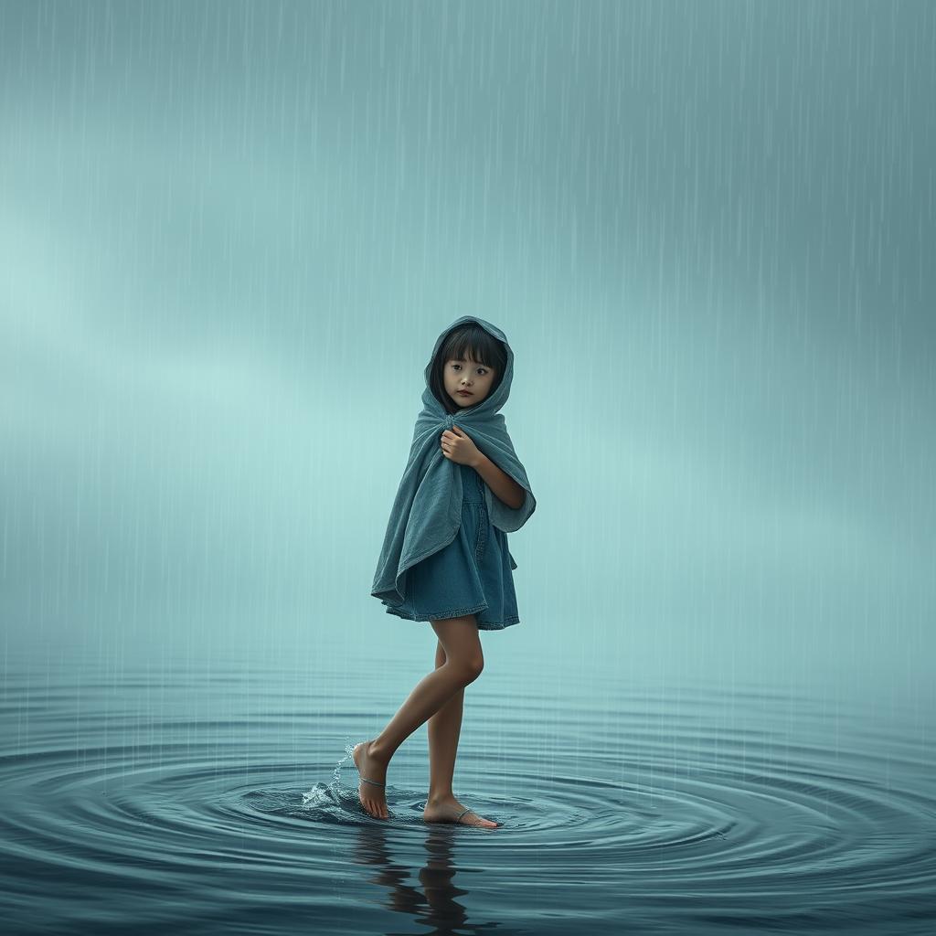 Una chica de pie bajo la lluvia, con gotas de agua cayendo alrededor de ella