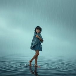 Una chica de pie bajo la lluvia, con gotas de agua cayendo alrededor de ella