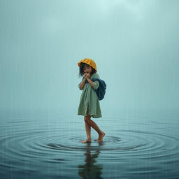 Una chica de pie bajo la lluvia, con gotas de agua cayendo alrededor de ella