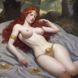 A realistic, full-body depiction of a beautiful, buxom, wavy red-haired, fair-skinned priestess in white bikini armor with gold trim