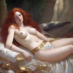 A realistic, full-body depiction of a beautiful, buxom, wavy red-haired, fair-skinned priestess in white bikini armor with gold trim