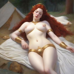 A realistic, full-body depiction of a beautiful, buxom, wavy red-haired, fair-skinned priestess in white bikini armor with gold trim