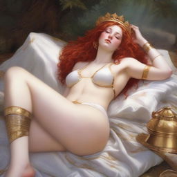 A realistic, full-body depiction of a beautiful, buxom, wavy red-haired, fair-skinned priestess in white bikini armor with gold trim