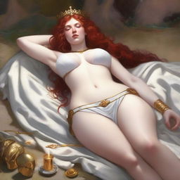 A realistic, full-body depiction of a beautiful, buxom, wavy red-haired, fair-skinned priestess in white bikini armor with gold trim