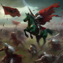 A great battle on green fields featuring monstrous warriors wielding swords and shields in the midst of a storm