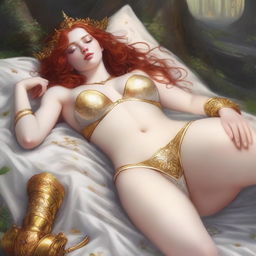 A realistic, full-body depiction of a beautiful, buxom, wavy red-haired, fair-skinned priestess in white bikini armor with gold trim