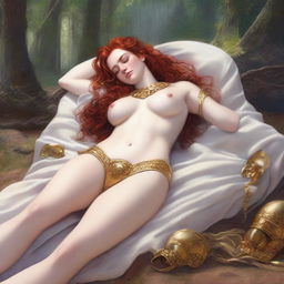 A realistic, full-body depiction of a beautiful, buxom, wavy red-haired, fair-skinned priestess in white bikini armor with gold trim
