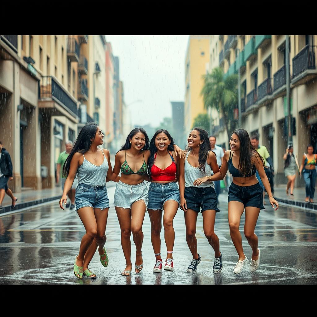 Un grupo de jóvenes bajo la lluvia, disfrutando del momento