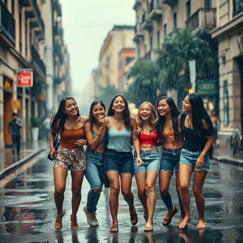 Un grupo de jóvenes bajo la lluvia, disfrutando del momento