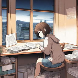 A manga-style girl with short brown hair is studying in her room at night