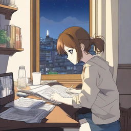 A manga-style girl with short brown hair is studying in her room at night