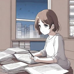 A manga-style girl with short brown hair is studying in her room at night