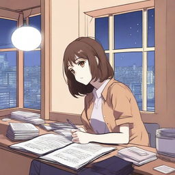 A manga-style girl with short brown hair is studying in her room at night