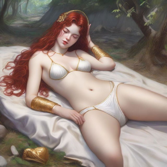 A realistic, full-body depiction of a beautiful, buxom, wavy red-haired, fair-skinned priestess in white bikini armor with gold trim