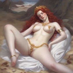 A realistic, full-body depiction of a beautiful, buxom, wavy red-haired, fair-skinned priestess in white bikini armor with gold trim