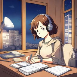 A manga-style girl with short brown hair studying in her room at night