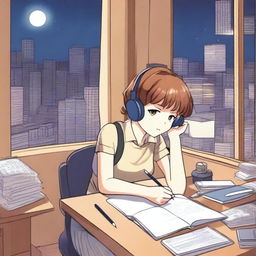 A manga-style girl with short brown hair studying in her room at night