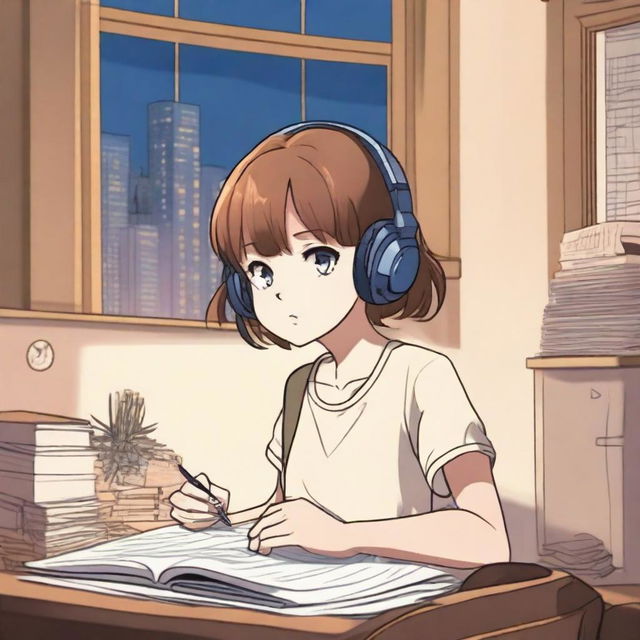 A manga-style girl with short brown hair studying in her room at night